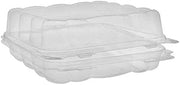 PACTIV Foodservice PETE 1 Compartment Clear Swirl Hinged Container with Label Panel, 8 x 8 inch - 200 per case.