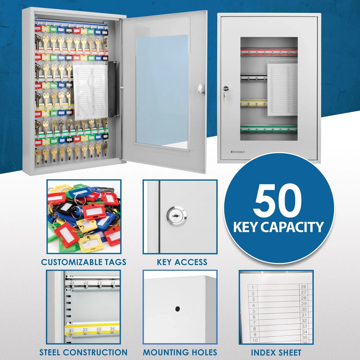 Barska CB12950 Steel Key Cabinet, 50 Keys, Gray - photo 6