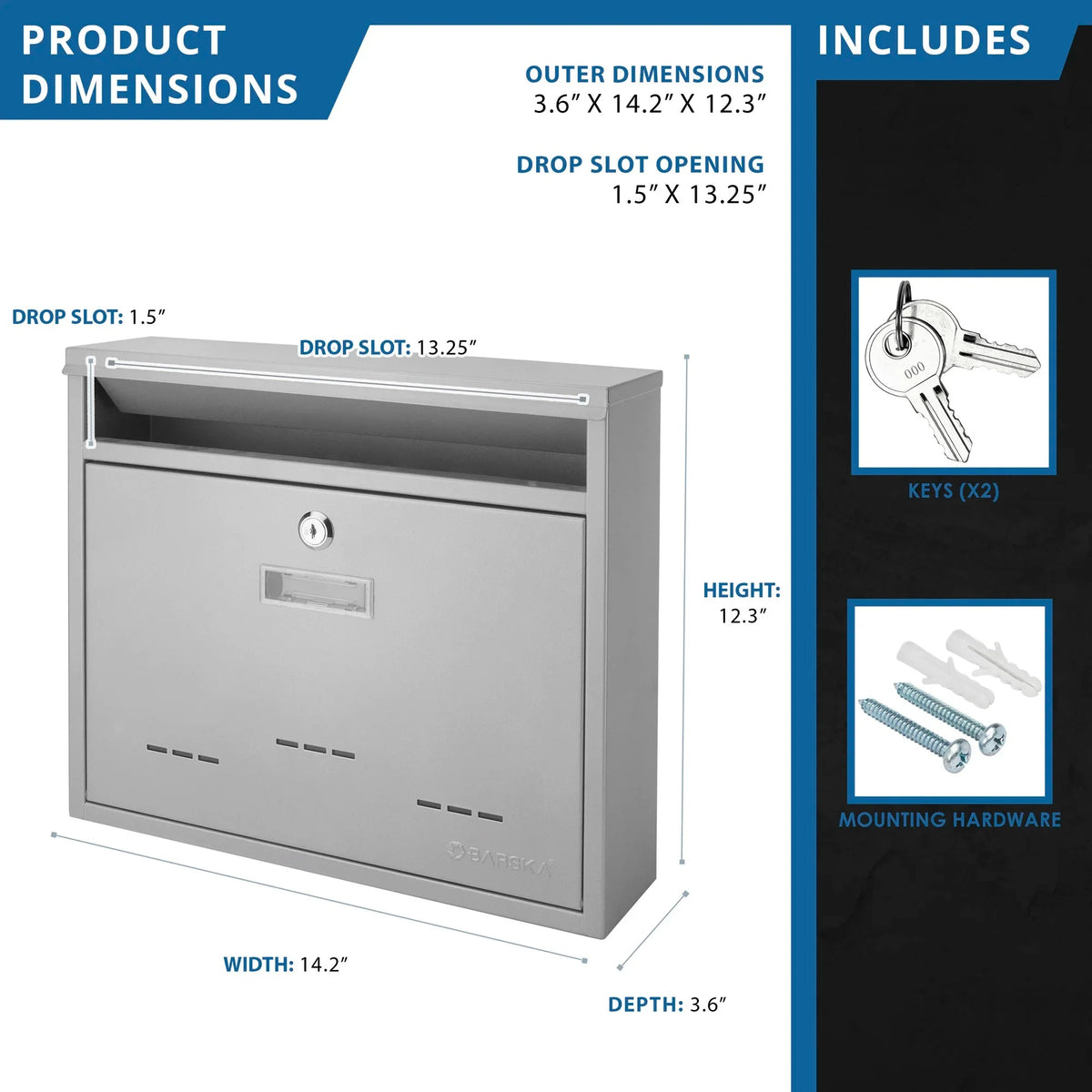 Barska CB13252 Steel Wall-Mount Mailbox, 14 3/16" Wide, Gray - photo 6