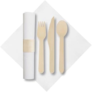 7.75 in x 7.75 in Pre-rolled FashnPoint CaterWrap White Napkins with Earthwise Wood Cutlery 50 ct.