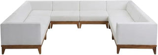 White Fabric Outdoor Patio Modular Sectional, Acacia Wood Finish, All-Weather Cushions, Contemporary Style