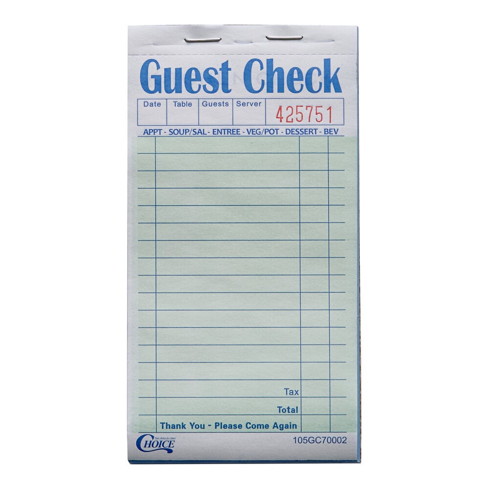 Choice 2-part green and white carbonless guest checks - 10 books