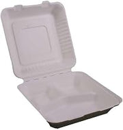 KITCH24/7 White Compostable 3 Compartment Molded Fiber Hinged Container, 9 x 9 inch - 200 per case