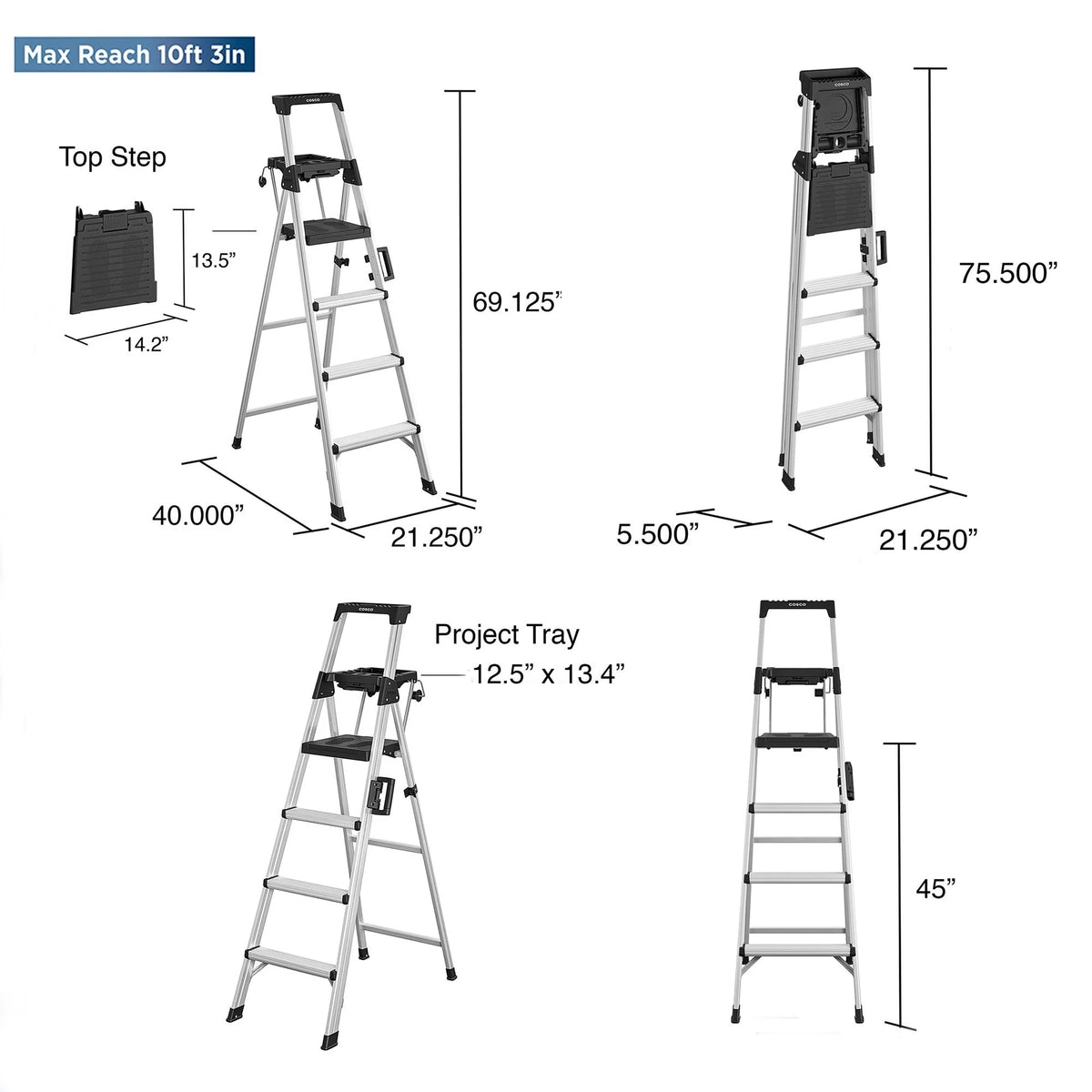 Cosco 2061AABLKE Aluminum Platform Ladder, 21" Wide, Silver - photo 4