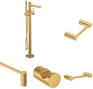 Moen Align Brushed Gold Bathroom Bundle - Freestanding Tub Filler with Handshower, 24-Inch & 9-Inch Towel Bars, Toilet Paper Holder & Robe Hook