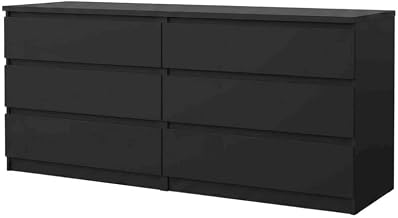 Furnifact Black 6-Drawer Double Dresser with Timeless Style, Metal Drawer Runners, Tip-Resistant Hardware, Spacious Storage, Durable Construction for Bedroom