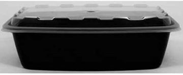 Cubeware Rectangular Black Plastic Reusable Microwavable Container with Clear Lid Set, 38 Ounce - 150 Set per case.