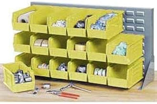 Global Industrial Louvered Bench Rack with (22) Yellow Premium Stacking Bins, 36x15x20