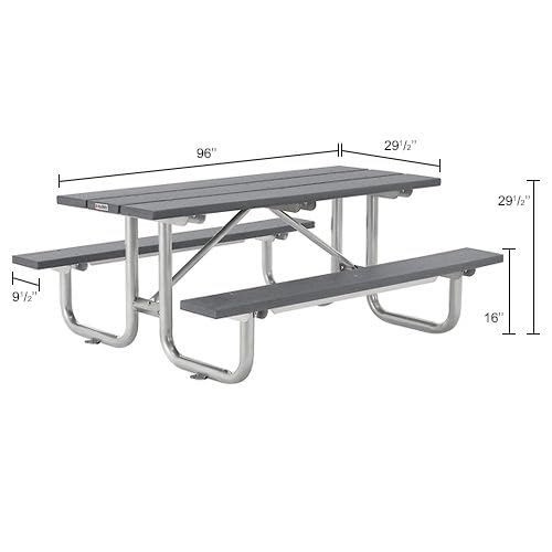 Outdoor 8'L Rectangular Picnic Table by Global Industrial – Recycled Plastic & Steel, Grey, Model 271675GY