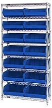 Wire Shelving With (14) Giant Plastic Stacking Bins Blue, 36x(14)x74