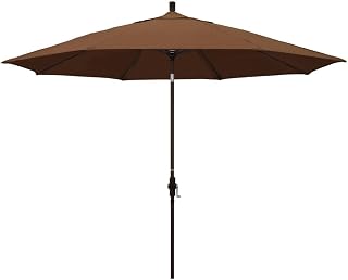 California Umbrella 11' Round Aluminum Market Umbrella, Crank Lift, Collar Tilt, Bronze Pole, Sunbrella, Teak