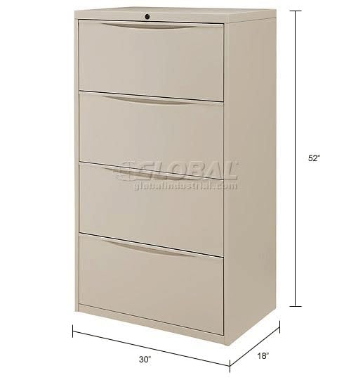 30" W Premium Lateral File Cabinet by Global Industrial – 30 inches (W) x 18 inches (D) x 52 inches (H), Alloy Steel, Putty, Model LF-30-4D-PUTTY