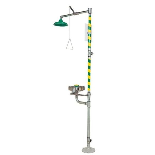Combination Emergency Shower and Eye/Face Wash with Axion MSR Showerhead by Haws – 30"L x 35"W x 91"H, Stainless Steel/ABS Plastic, Green/Silver, Model 8300-8309