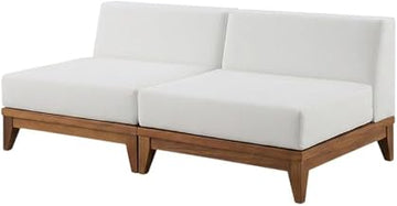 White Fabric Outdoor Patio Modular Sofa, Acacia Wood Finish, Contemporary Style, 1-Piece Design, Comfortable Back Height 10.5 Inches