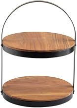 TableCraft 10719 Display Stand, 12" x 11-2/5" x 16", Two-Tier, Round, Collapsible, Acacia Wood, Black Powder Coated Metal Frame, 4 Each per case