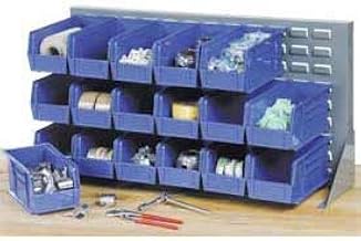 Global Industrial Louvered Bench Rack with (22) Blue Premium Stacking Bins, 36x15x20
