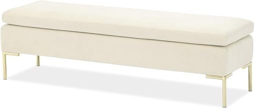 Michael Amini Zennia Gold Velvet Accent Bench with Ivory Upholstery, Metal Frame, Plush Cushion, Stylish Design for Entryway, Bedroom, Living Room Seating