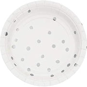 Creative Converting Club Pack Foil Program Tableware White with Silver Foil 7in Round Paper Plates, Box of 96 Paper Plates