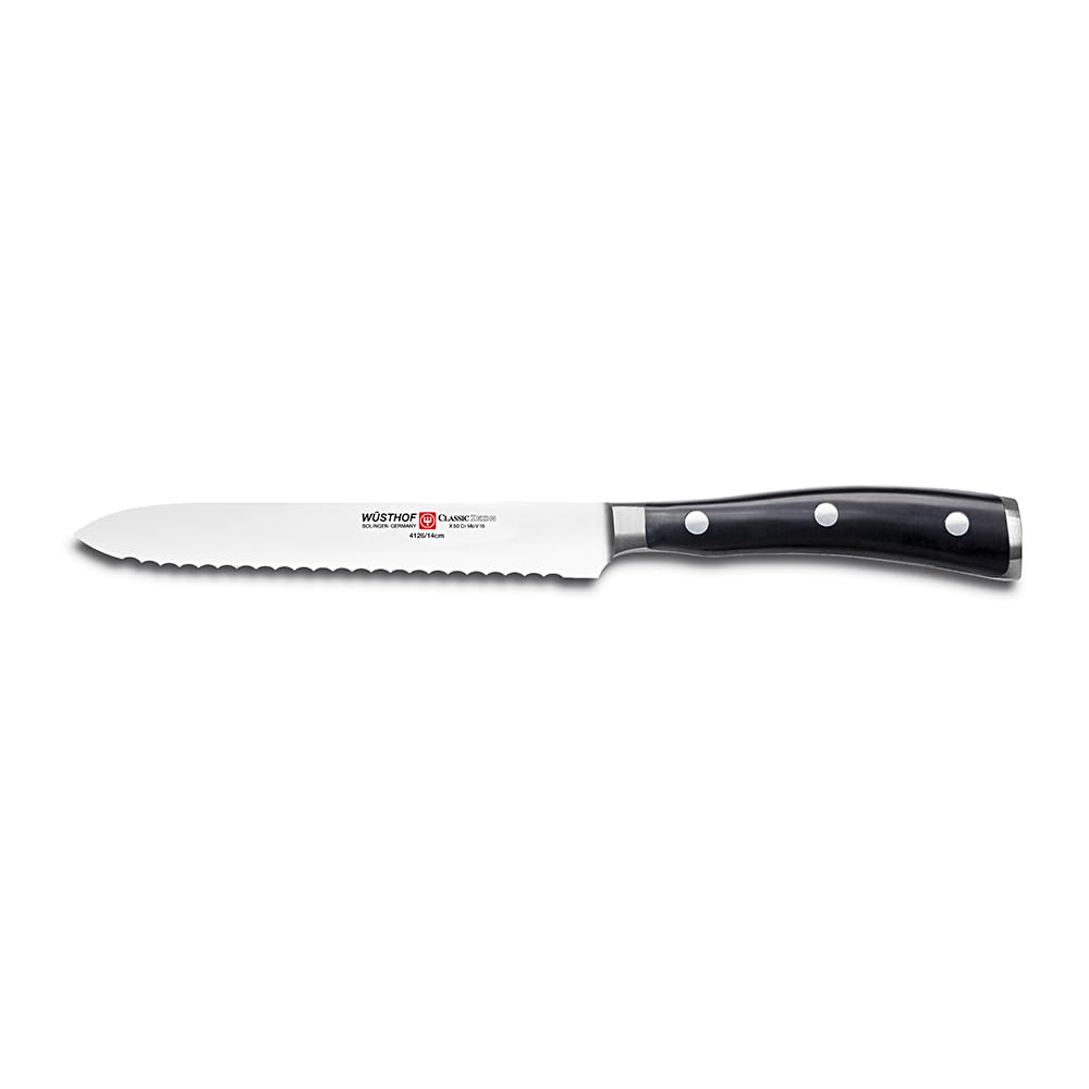 Wusthof Classic Ikon 5-Inch Serrated Utility Knife by Wüsthof – 5", High carbon stainless steel, synthetic handle, Black Serrated Utility Knife, Model 4124-7