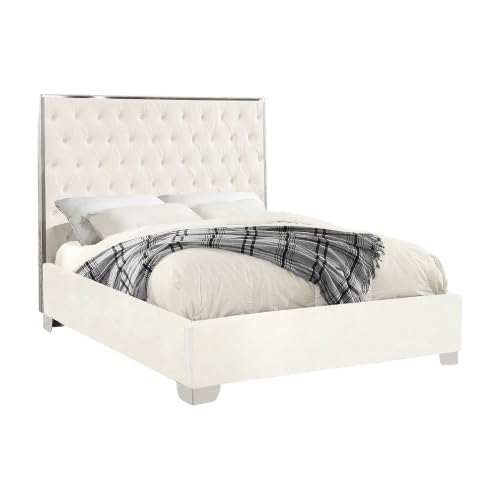 Starlight Canyon Home Fully Upholstered Platform Bed, Button-Tufted Velvet Queen Bed Frame with Headboard and Footboard for Bedroom, White Velvet - image 2