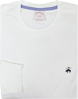 Brooks Brothers Men's All Cotton Golden Fleece Embroidery Solid Long Sleeve Crewneck Tee T-Shirt (Large, 185887 White/Navy Blue Logo)