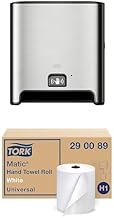 Matic Hand Towel Roll Dispenser, Intuition Sensor, Stainless Steel, Image, H1, 1-at-a-Time Dispensing + Tork Matic Paper Hand Towel Roll White H1, Universal, 100% Recycled Fiber, 6 Rolls x 700 ft
