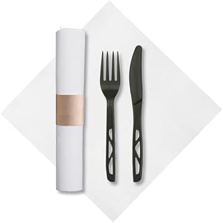Hoffmaster 7.75 in x 7.75 in Pre-Rolled FashnPoint Kraft CaterWrap White Napkins Black Knife and Fork 50 ct.