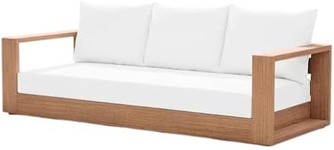 White Fabric Outdoor Sofa, Contemporary Style, Cushioned Seat with Pillow, Teak Finish, Spacious 87-Inch Width