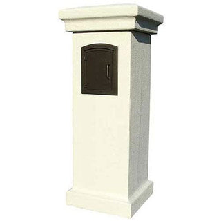 Manchester Stucco Locking Column Mailbox by Qualarc – 26.5"L x 26.5"W x 60"H, stucco, Sandstone, W/Black, Model STUCOL-1400-SS-BL