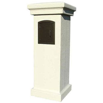 Manchester Stucco Locking Column Mailbox by Qualarc – 26.5"L x 26.5"W x 60"H, stucco, Sandstone, W/Black, Model STUCOL-1400-SS-BL