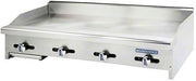 TAMG48 48 Manual Griddle with Stainless Steel Splash Guard Aluminized U Shaped Burners Stainless Steel Pilots Bull-Nose Front Extension and Heat Resistant knobs