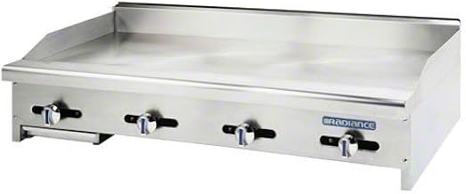 TAMG48 48 Manual Griddle with Stainless Steel Splash Guard Aluminized U Shaped Burners Stainless Steel Pilots Bull-Nose Front Extension and Heat Resistant knobs