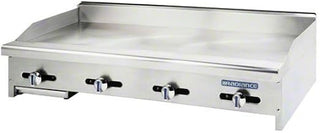 TAMG48 48 Manual Griddle with Stainless Steel Splash Guard Aluminized U Shaped Burners Stainless Steel Pilots Bull-Nose Front Extension and Heat Resistant knobs