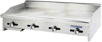 TAMG48 48 Manual Griddle with Stainless Steel Splash Guard Aluminized U Shaped Burners Stainless Steel Pilots Bull-Nose Front Extension and Heat Resistant knobs