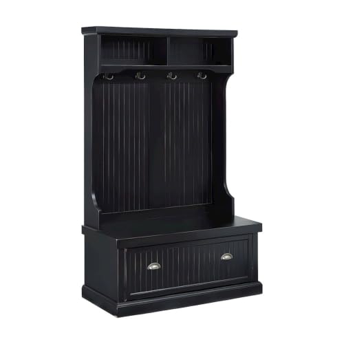 Furnifact Birch Veneer Hall Tree with Beadboard Panels, Bench Seat, Double Hooks, Storage Cabinets, Coat Rack for Entryway Mudroom, Distressed Black - image 2