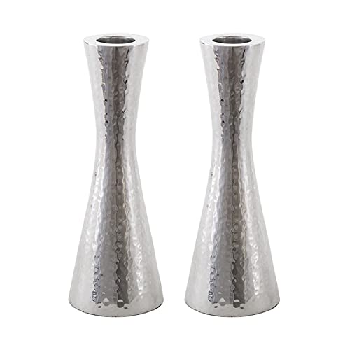 Emanuel Hammered Aluminum Pillar Candlestick Holders, Medium 5.7 Inch, Silver