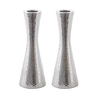 Emanuel Hammered Aluminum Pillar Candlestick Holders, Medium 5.7 Inch, Silver