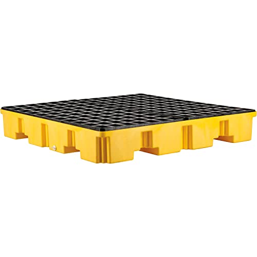 4 Drum Low Profile Spill Containment Pallet with Drain by Global Industrial – 51.5"L x 51.5"W x 8"H, Polyethylene, Yellow & Black, Model 989073