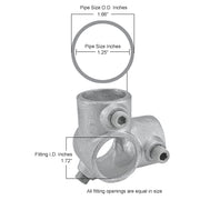 1-1/4" Size 90 Degree Two Socket Tee Pipe Fitting (1.72" Fitting I.D.) by Global Industrial – 3.5"L x 3.5"W x 1.25"H, Galvanized Iron, Gray, Model 798733