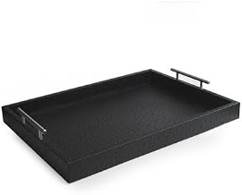 American Atelier Ostrich Leather Serving Tray with Metal Handles, Gray