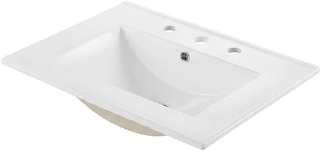 FurniFact White Bathroom Sink Top, Ceramic Vanity Basin, 24 Inch, 8-Inch Centerset Faucet Holes, Easy-Clean Surface, Freestanding