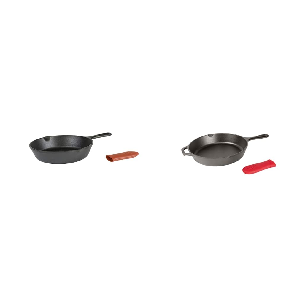 Cast Iron Skillet with Red Mini Silicone Hot Handle Holder by Lodge – 8 Inch, Cast Iron, Black, Pack of 2