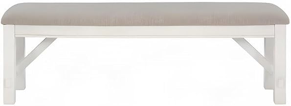 Furnifact Distressed-Finish Rubberwood Dining Bench with Foam-Padded Seat, Upholstered Entryway Bench for Bedroom End of Bed, White