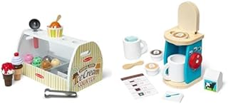 Melissa & Doug Pretend Play Set: Wooden Ice Cream Counter (28 Pieces) & Coffee Maker Set (11 Pieces) - Play Kitchen Accessories for Kids 3+