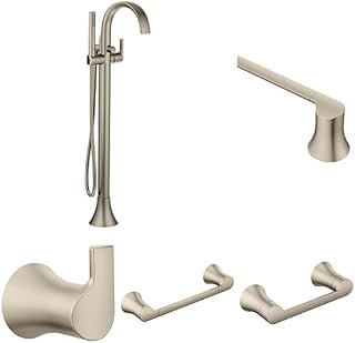 Moen Doux Brushed Nickel Bathroom Set: Freestanding Tub Filler with Handshower, 24-Inch Towel Bar, Pivoting Toilet Paper Holder, Hand Towel Bar, and Robe Hook
