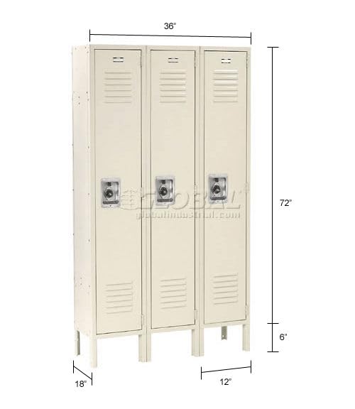 Infinity Single-Tier Three-Door Locker with Recessed by Global Industrial – 12x18x72 inches, Alloy Steel, Tan, Model 254120TN