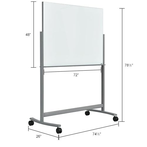 72" W x 48" H Mobile Double Sided Glass Whiteboard by Global Industrial – 63"W x 78.5"H, Glass, White, Model ZB-3