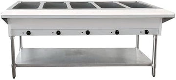 Open Well Electric Steam Table 72"" with Cutting Board and Adjustable Undershelf, 5 Pans, Omcan 46648, Large