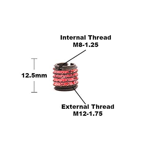 E-Z LOK 10.4mm / M8-1.25 Internal Threads, M12x1.75 External Threads, 12.50 mm Length / Red Thread Locking Inserts