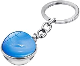 Space Planet Glass Ball Key Ring, 4-Piece Metal Set | moon earth sun mars artwork, double-sided photo orb, holds mini card case, clips to backpack or wallet